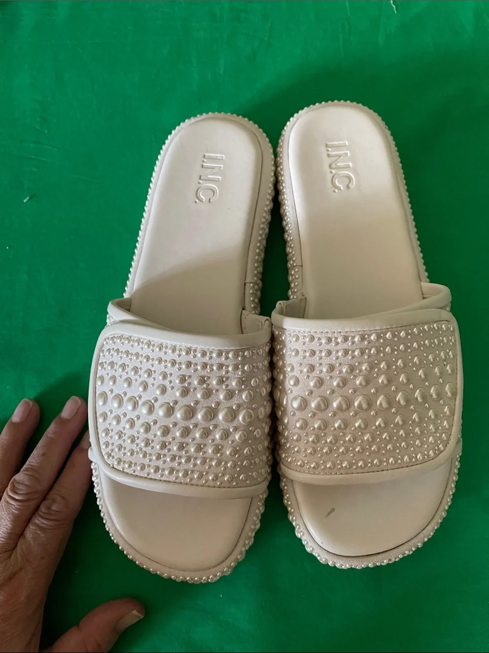 INC International Concepts Kids Pearl-Embellished Beige Slide Sandals